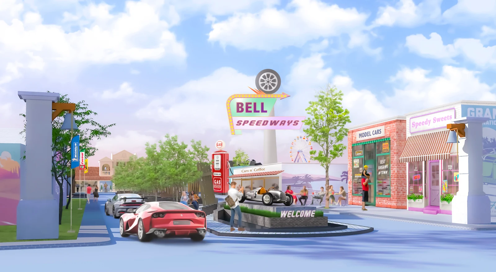 Bell Speedway environment render with pastel storefronts, a wheel-topped roadside sign, cars and trees.